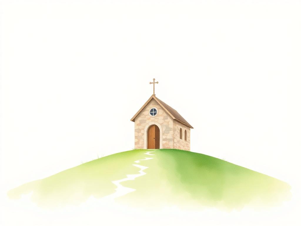 Watercolour of a small stone chapel on a green hill