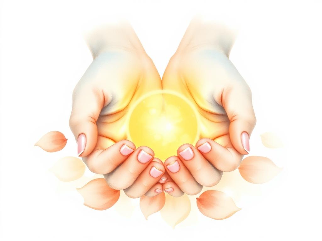 Watercolour of open hands holding a small warm light