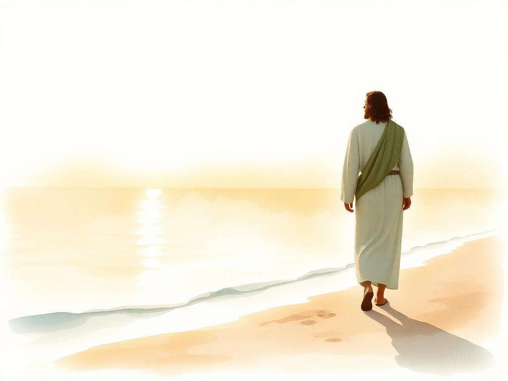 Watercolour of Jesus walking a quiet shoreline in golden light