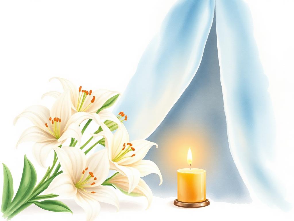 Watercolour of white lilies beside a candle and a pale blue veil