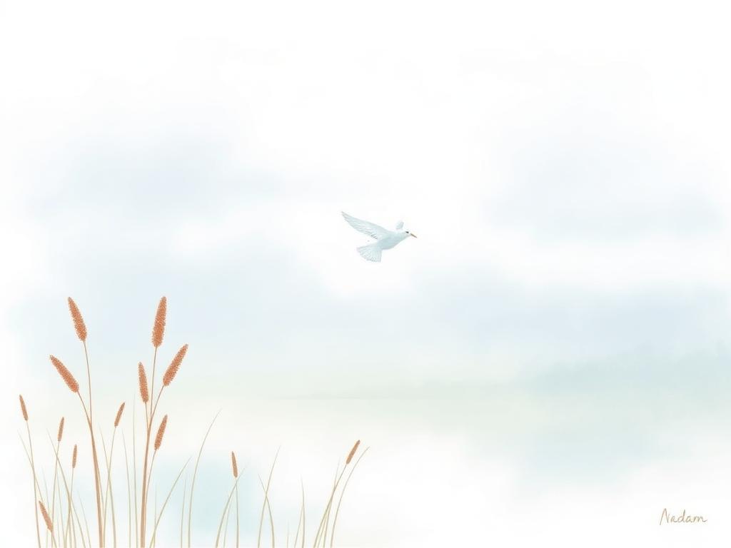 Watercolour of a white dove over a still lake at dawn