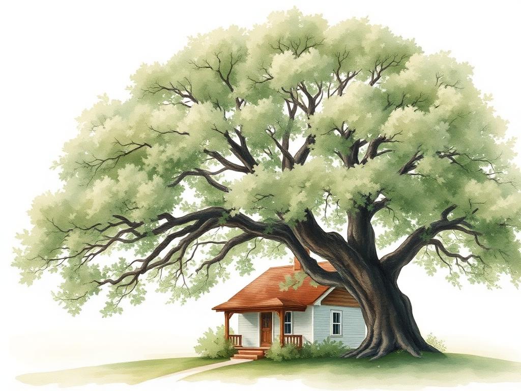 Watercolour of a sheltering oak tree over a small home