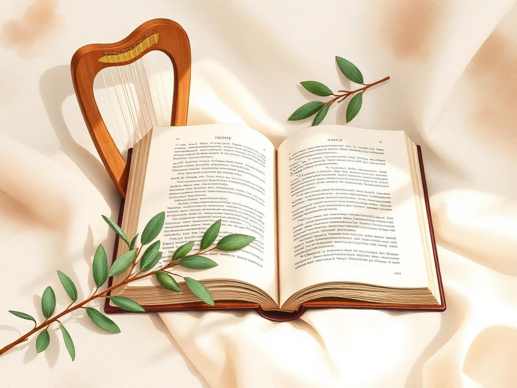 Watercolour of an open book beside a harp and olive branch